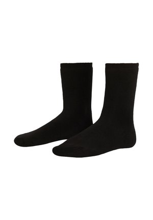 Chaussettes noires en coton avec une texture lisse, longueur jusqu'au genou et une bordure côtelée. Design simple sans motifs ni accents.