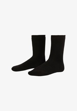 Black cotton socks with a smooth texture, knee-high length, and a ribbed cuff. Simple design without any patterns or accents.