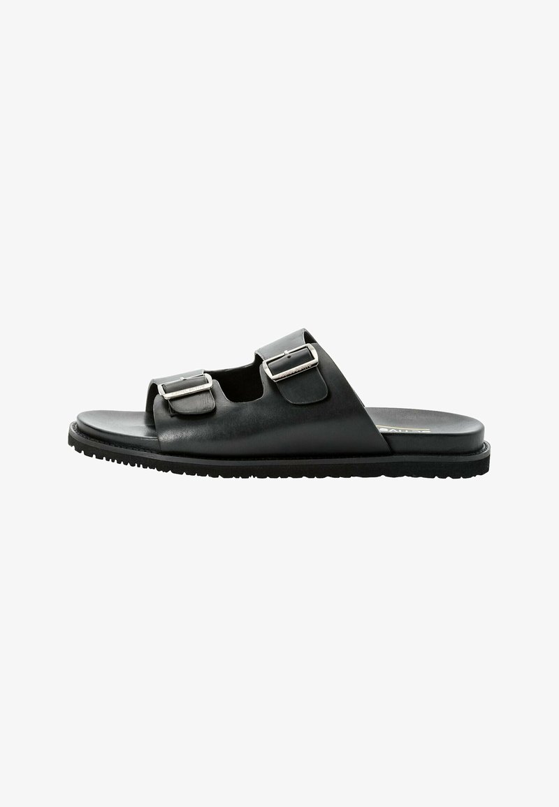 Black leather slide sandals featuring two adjustable silver buckles, a flat sole, and an open-toe design.
