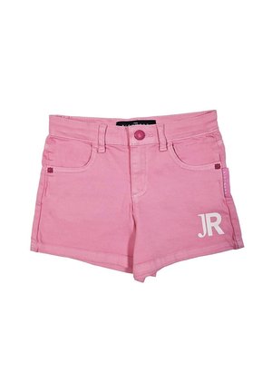 Pantaloni corti in denim rosa con design a cinque tasche, dotati di un bottone visibile e passanti per la cintura. La gamba sinistra presenta la scritta "JR" stampata in bianco.