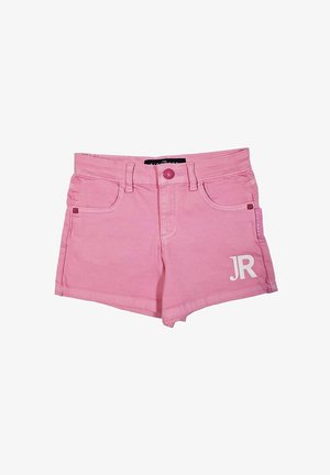 Pantaloni corti in denim rosa con design a cinque tasche, dotati di un bottone visibile e passanti per la cintura. La gamba sinistra presenta la scritta "JR" stampata in bianco.