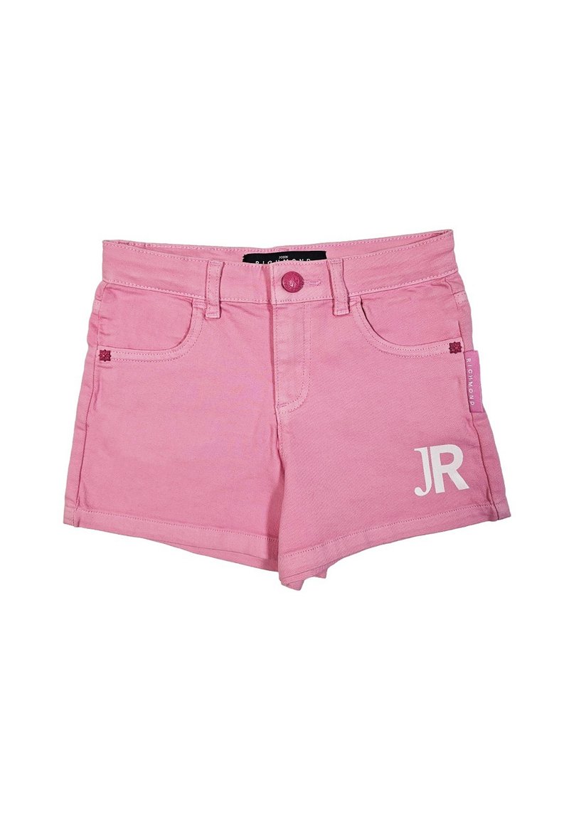 Pantaloni corti in denim rosa con design a cinque tasche, dotati di un bottone visibile e passanti per la cintura. La gamba sinistra presenta la scritta "JR" stampata in bianco.