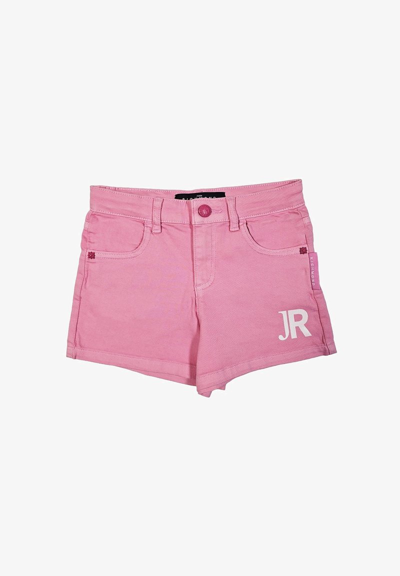 Pantaloni corti in denim rosa con design a cinque tasche, dotati di un bottone visibile e passanti per la cintura. La gamba sinistra presenta la scritta "JR" stampata in bianco.
