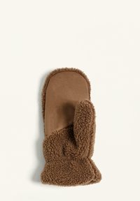 Mănuși maro, cu o textură moale și pufoasă, palmă din suede netedă, formă curbată și manșetă extinsă pentru un plus de căldură.