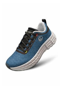 Bottines texturées bleues avec des lacets noirs, un contour blanc et une semelle rembourrée. Présente des œillets colorés et un logo sur le côté.