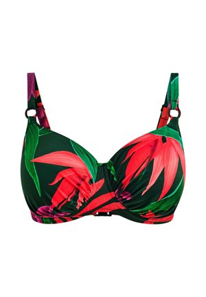Bikinitop met beugel en verstelbare bandjes, voorzien van een levendig bloemenpatroon in rood en roze op een donkergroene achtergrond.