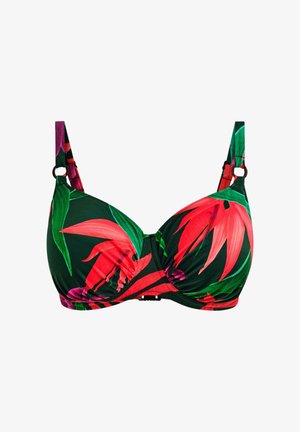 Bikinitop met beugel en verstelbare bandjes, voorzien van een levendig bloemenpatroon in rood en roze op een donkergroene achtergrond.