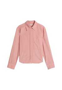 Pink button-up shirt with a collar, long sleeves, single chest pocket, and a straight hem. Made from lightweight fabric with a smooth texture.