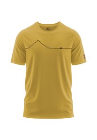 Geel T-shirt met korte mouwen met een zwart minimalistische berglijn en een kleine beren silhouette op de borst.