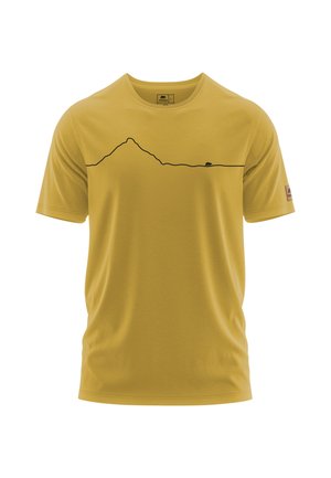 Camiseta amarilla de manga corta con un diseño minimalista de una línea de montaña en negro y una pequeña silueta de un oso en el pecho.
