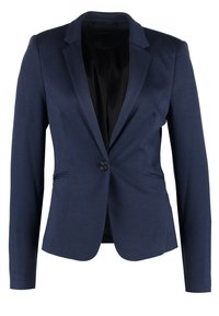 Blazer femme ajusté bleu marine avec un seul bouton noir, revers crantés et deux poches fendues à l’avant, présenté sur fond blanc.