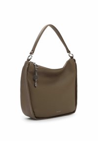 Brown textured leather shoulder bag with a single strap, silver chain charm, and subtle brand logo near the bottom front.