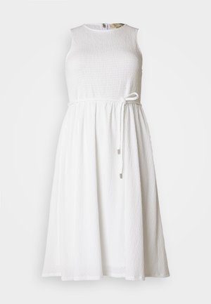 White sleeveless dress with a textured fabric, a smooth round neckline, and an adjustable tie at the waist with metal accents.