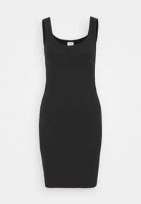 Robe noire sans manches en maille côtelée avec encolure dégagée et silhouette ajustée.