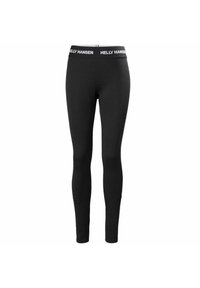 Leggings negros con un ajuste ceñido, fabricados en un material elástico. Presentan una cintura alta con el logo "HELLY HANSEN" en blanco contrastante.