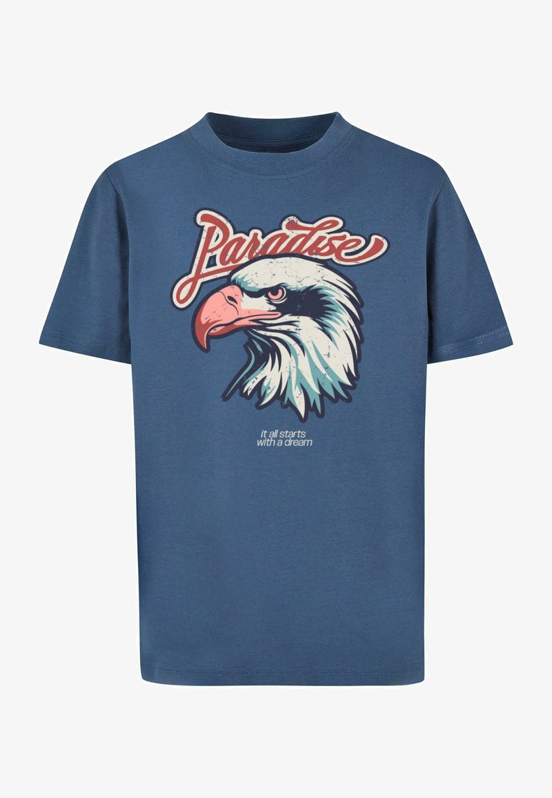 Zila kokvilnas T-kreka ar ērgļa galvas grafiku un tekstu "Paradise" retro stilā. Gluda tekstūra, īsas piedurknes.
