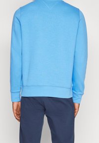 Felpa blu con maniche lunghe, collo a giro e polsini a costine. Presenta una finitura testurizzata e una cucitura a V sul retro del collo.