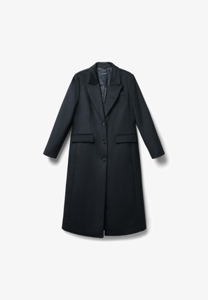 Cappotto in lana nera con rever a punta, due tasche frontali e chiusura a un bottone; texture liscia e silhouette regular-fit.