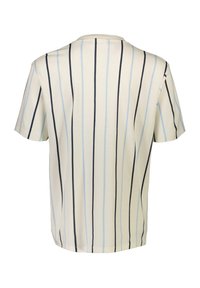 Herensoort t-shirt met korte mouwen in crème met verticale marineblauwe en lichtblauwe strepen. Heeft een ronde hals en een relaxte pasvorm. Zacht katoenmateriaal.