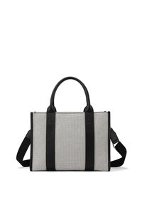 Borsa tote in rete grigia con dettagli in pelle nera, dotata di due manici superiori, una tracolla removibile e chiusura con zip.