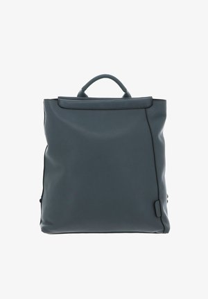 Sac à dos en cuir gris foncé à la forme structurée, poignée supérieure et design minimaliste. Présente une texture lisse et des lignes de couture discrètes.