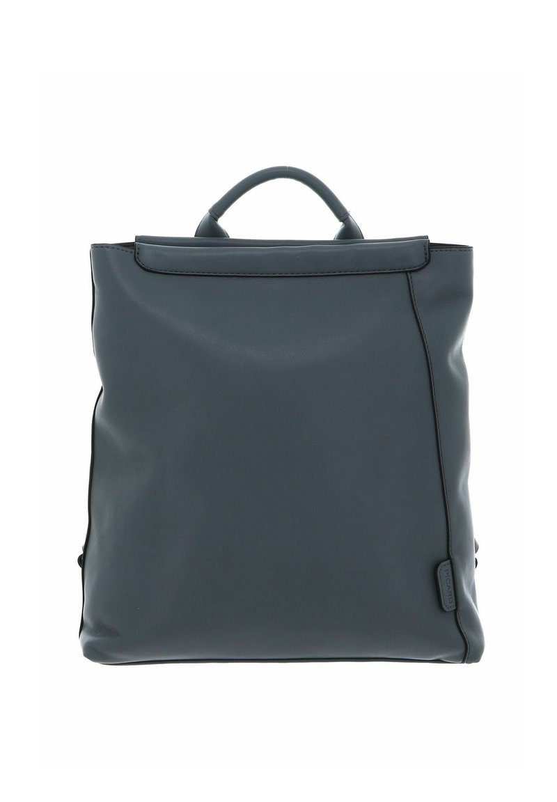 Sac à dos en cuir gris foncé à la forme structurée, poignée supérieure et design minimaliste. Présente une texture lisse et des lignes de couture discrètes.