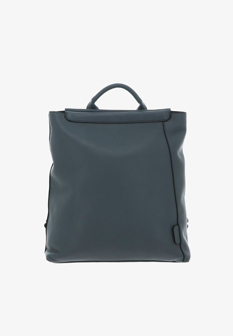 Sac à dos en cuir gris foncé à la forme structurée, poignée supérieure et design minimaliste. Présente une texture lisse et des lignes de couture discrètes.