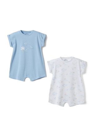 Deux grenouillères pour bébé : une bleue claire avec des motifs de zèbre et de fleurs, une blanche avec de petits motifs pastel d'animaux et de plantes, manches courtes et fermetures à pression.