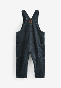 Salopete din material corduroy de un albastru închis, cu dungi verticale, bretele ajustabile și două buzunare frontale. Material texturat cu un finisaj moale.