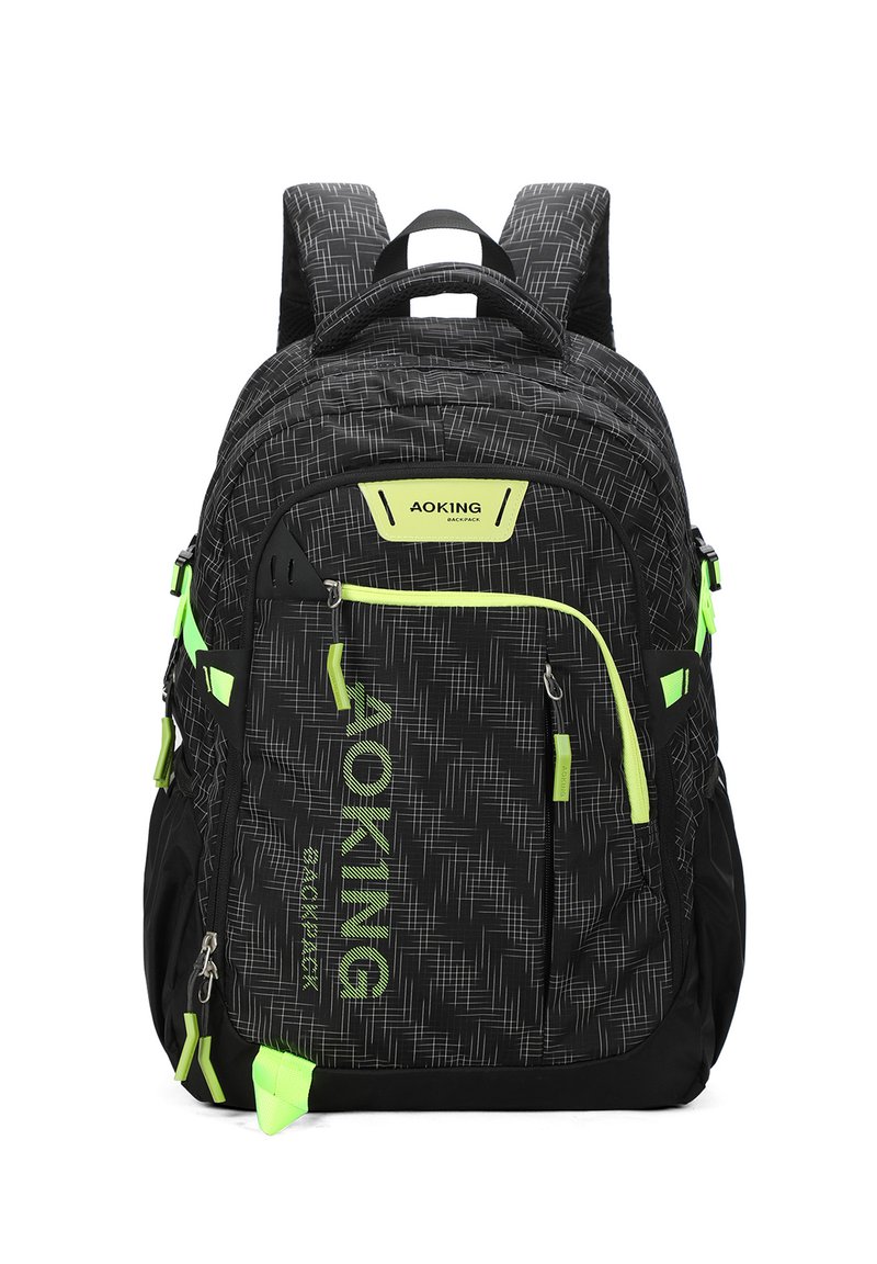 Zaino nero con un motivo geometrico, dettagli in verde lime, spallacci imbottiti regolabili, più scomparti e marchio sulla parte frontale.