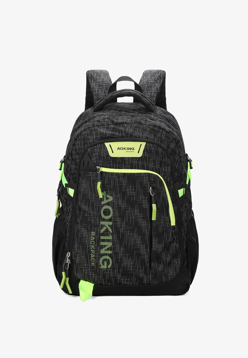 Zaino nero con un motivo geometrico, dettagli in verde lime, spallacci imbottiti regolabili, più scomparti e marchio sulla parte frontale.