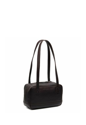 Sac à main rectangulaire en cuir marron foncé avec de longues anses d'épaule et une fermeture éclair sur le dessus.