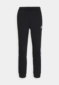 Zwarte sweatpants van zacht materiaal, met een trekkoord in de taille, zijstrepen in het wit en geribde manchetten voor een aansluitende look.