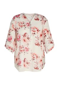 Blusa floreale color crema con fiori rosa e rossi, chiusura con zip e tirante ad anello, e maniche arrotolate per uno stile casual.