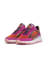 Colorful sneakers in pink, orange, and brown suede with metallic accents. Features a textured sole and contrasting laces.