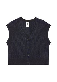 Navyblauwe gebreide vest met een V-hals, korte mouwen, vijf knopen aan de voorkant en een gestructureerd patroon. Etiket zichtbaar bij de halslijn.