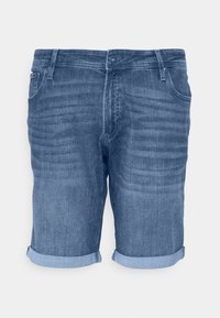 Denim blue shorts with a slightly faded texture, featuring rolled hems, five-pocket design, and a button closure at the front.