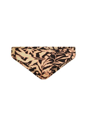 Musta bikinialushousu, jossa on beigejä trooppisten lehtien ja kukkien kuvioita, matala vyötärö ja sileä kangas.