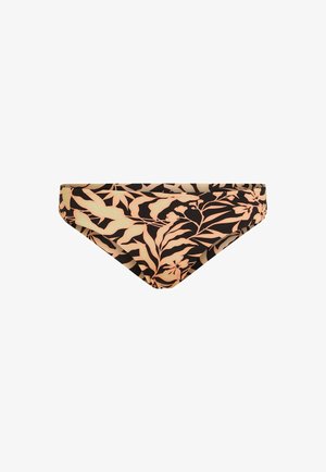 Parte inferior de bikini negra con estampado beige de hojas tropicales y flores, con corte de tiro bajo y tela suave.