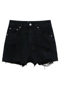 Shorts in denim nero con orlo sfilacciato, dettagli consumati e minuteria in tono argento. Presentano tasche frontali e un classico design a cinque tasche.