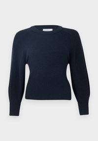 Marineblauer Strickpullover mit Rundhalsausschnitt, geripptem Saum und langen, leicht puffigen Ärmeln. Weicher Stoff, minimalistisches Design, vielseitiger Stil.