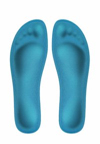 Pair of blue foam insoles shaped to fit left and right feet, designed for arch and toe support.