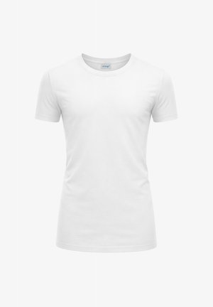 T-shirt bianca semplice a maniche corte con scollo rotondo e taglio aderente, mostrata frontalmente su sfondo bianco.