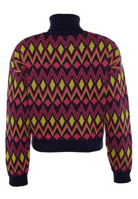 Kolorowy sweter dzianinowy z geometrycznym wzorem diamentów w kolorach różowym, żółtym i czarnym. Posiada wysoki kołnierz oraz ściągacze przy rękawach i u dołu.
