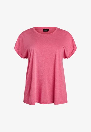Lockeres kurzärmeliges rosa T-Shirt mit umgeschlagenen Bündchen und Rundhalsausschnitt, aus weichem, meliertem Stoff in mittlerer Größe.