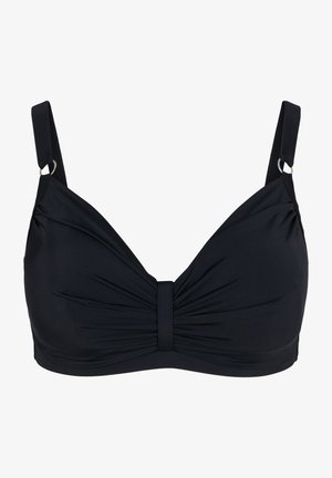 Haut de bikini noir en tissu extensible, avec un design à l'avant torsadé, des bretelles ajustables et des accents en métal argenté pour un ajustement parfait.