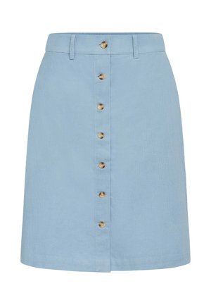 Jupe en lin bleu clair avec une fermeture à boutons sur le devant comportant dix boutons ronds en bois, des passants de ceinture et une coupe droite.