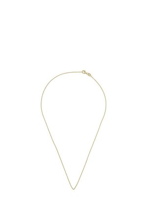 Dünne goldene Halskette mit kleinen Gliedern und Karabinerverschluss, auf weißem Hintergrund dargestellt.