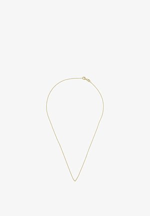 Collana sottile a catena d'oro con piccoli anelli e chiusura a moschettone, mostrata su sfondo bianco.