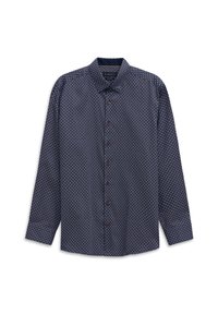 Camicia di colore navy con maniche lunghe, chiusura a bottoni e piccoli motivi geometrici. Presenta un colletto classico e bottoni marroni.